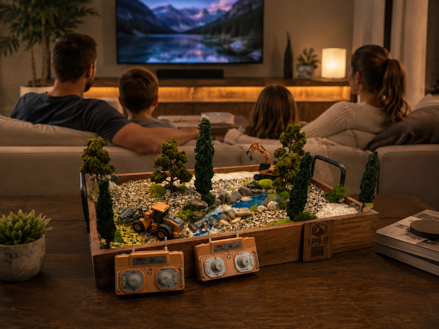 Handcrafted I Dig It terrain piece on a living room coffee table with two RC controllers and a family in the background