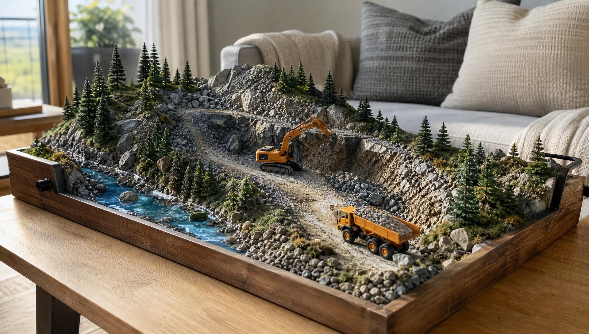 Handcrafted RC construction dig site with mountain, quarry pit and RC excavator